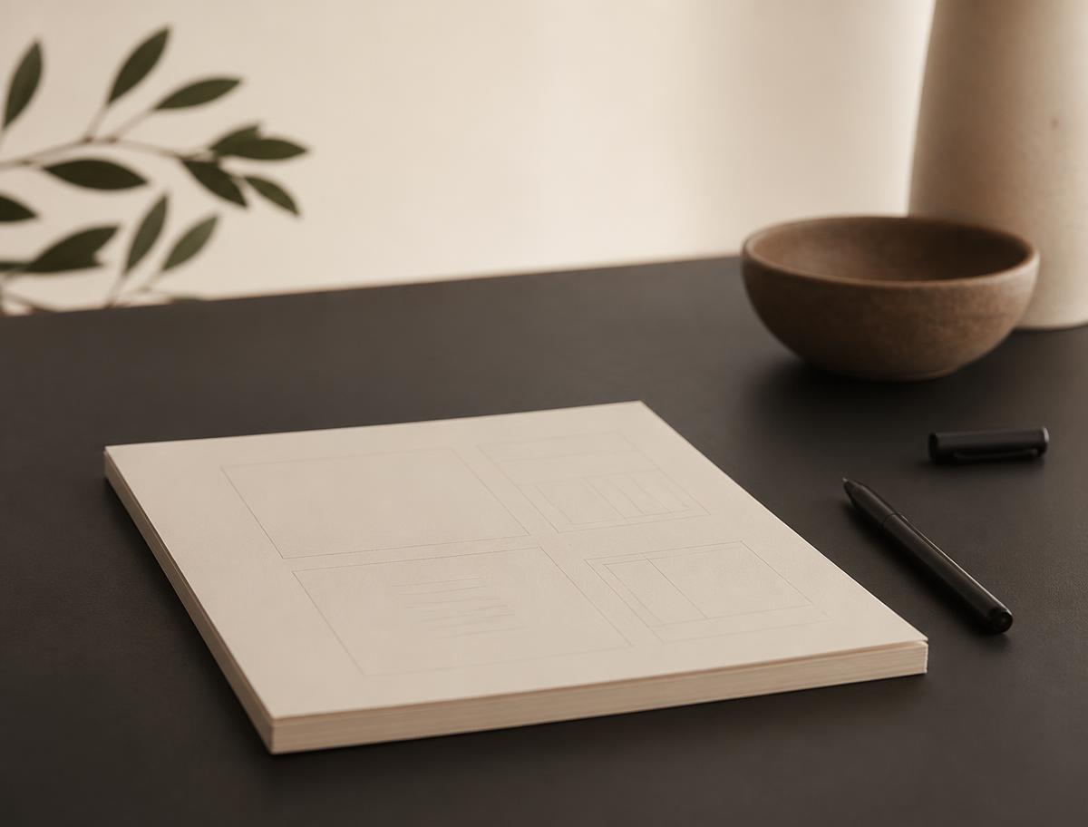 A sketch pad with wireframe layouts on a dark desk in the Craft & Code Digital studio